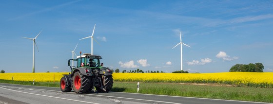 Champ de colza avec des éoliennes.