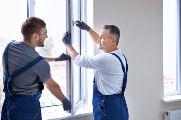 Artisans de la construction installant une fenêtre dans une maison.